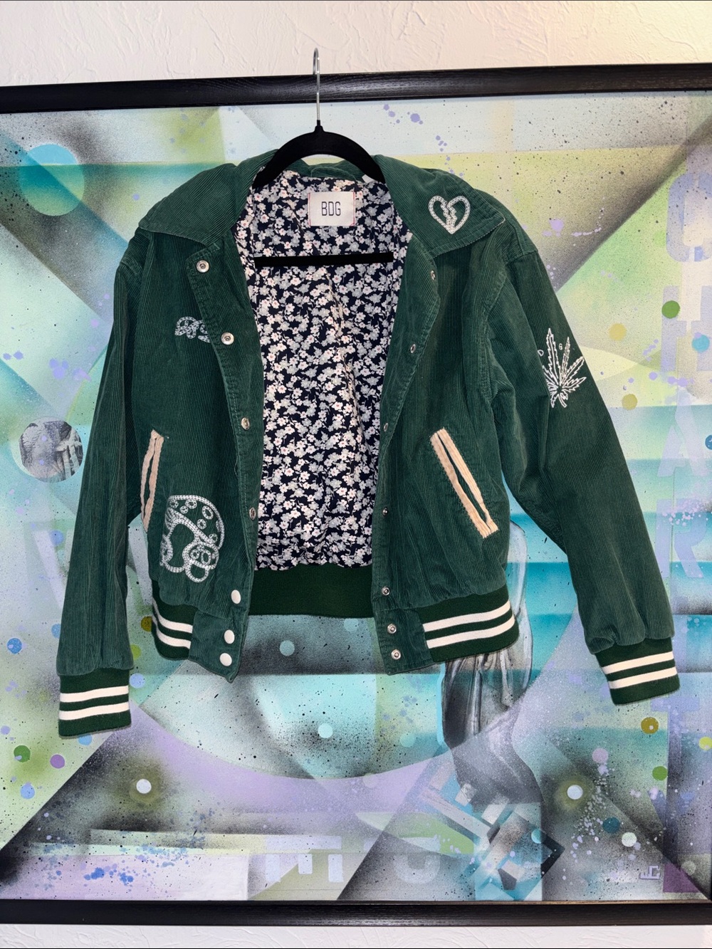 BDG Forest Green Corduroy Varsity Jacket with Embroidered Patches